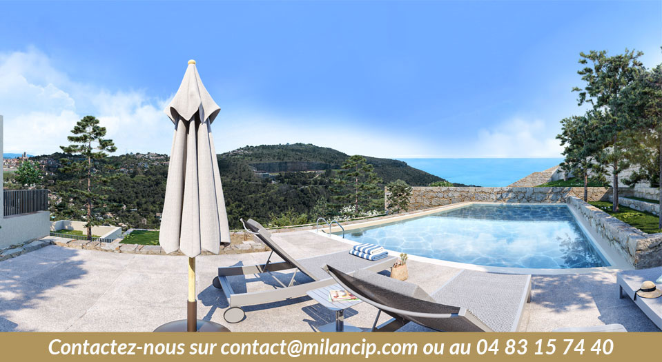 Terrasse des appartements neufs La Turbie avec piscine et vue mer panoramique