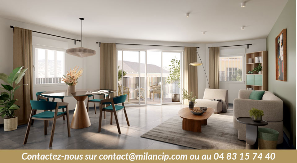 Séjour lumineux d’un appartement dans un programme neuf à Nice Riquier, avec balcon et finitions soignées.