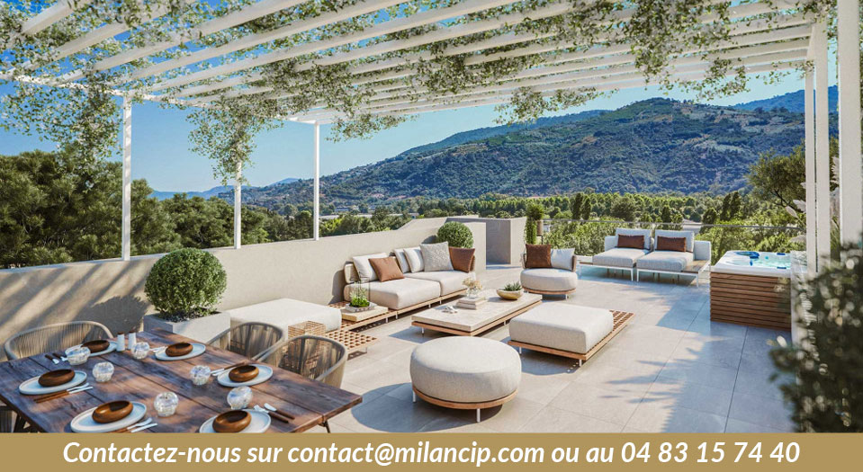 Grande terrasse avec vue sur les collines – Immobilier neuf à LA ROQUETTE-SUR-SIAGNE