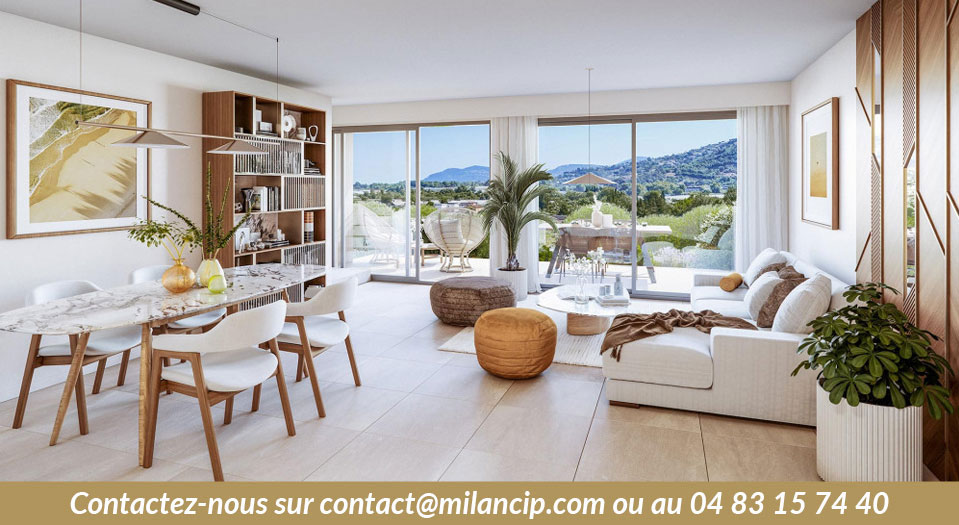 Vue intérieure d’un séjour moderne – Immobilier neuf à LA ROQUETTE-SUR-SIAGNE