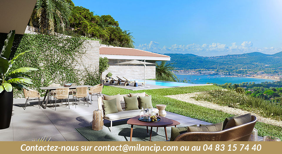 Villas neuves GRIMAUD Piscine & vue mer-perspective terrasse&piscine