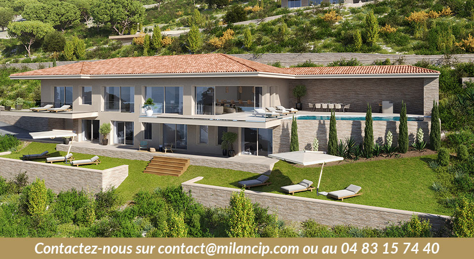 Villas neuves GRIMAUD Piscine & vue mer-Perspective jardin