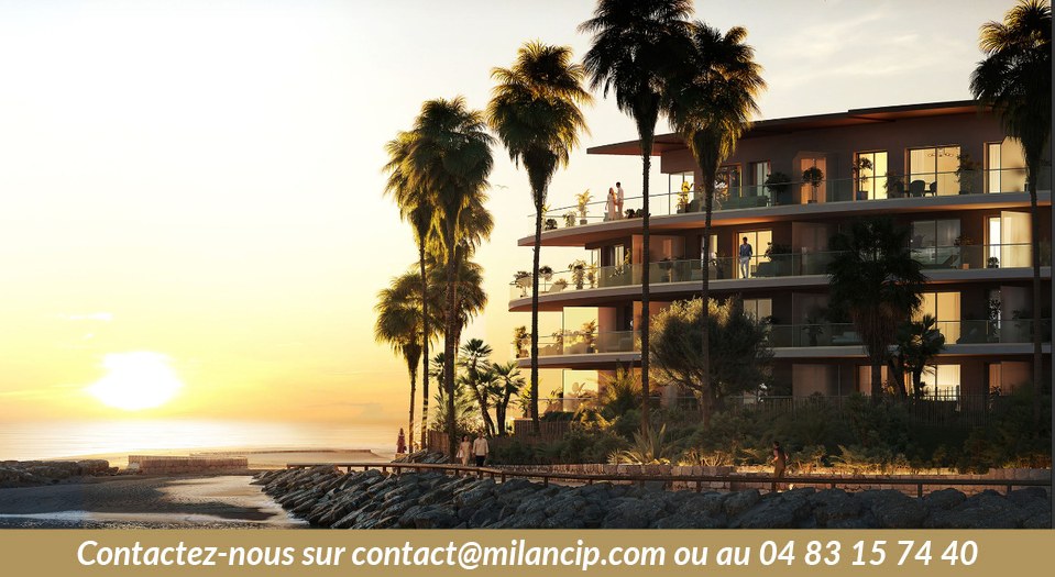 Grande terrasse privative avec salon d'extérieur et salle à manger vue mer au coucher du soleil, programme neuf Villeneuve-Loubet plages Côte d'Azur.