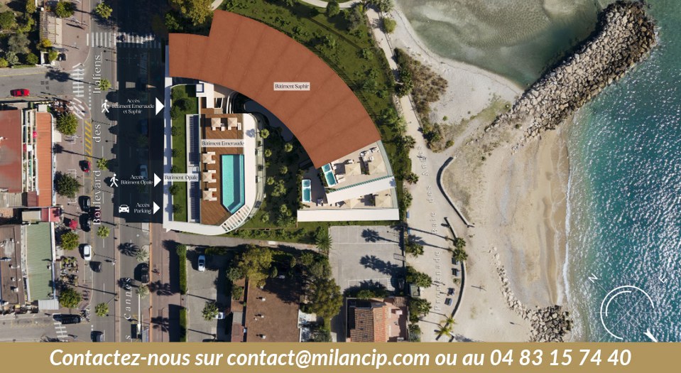 Piscine à débordement en rooftop avec transats, vue panoramique sur la Méditerranée et les plages — programme neuf Villeneuve-Loubet haut de gamme.