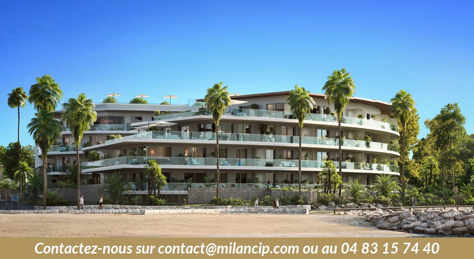 Programme neuf Villeneuve-Loubet vu depuis la promenade du Loup, résidence nichée dans un écrin de végétation méditerranéenne en accès direct aux plages.