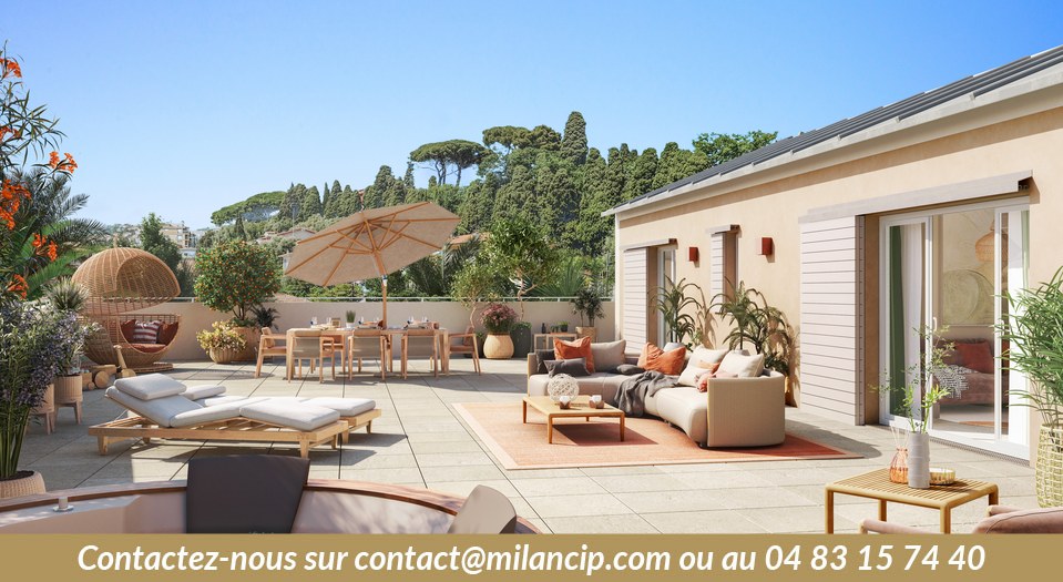 Appartement neuf Nice Saint-Barthélemy — grande terrasse rooftop avec vue sur la verdure niçoise