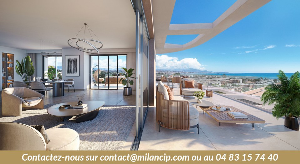 Appartement neuf bord de mer Villeneuve-Loubet — séjour lumineux vue mer directe