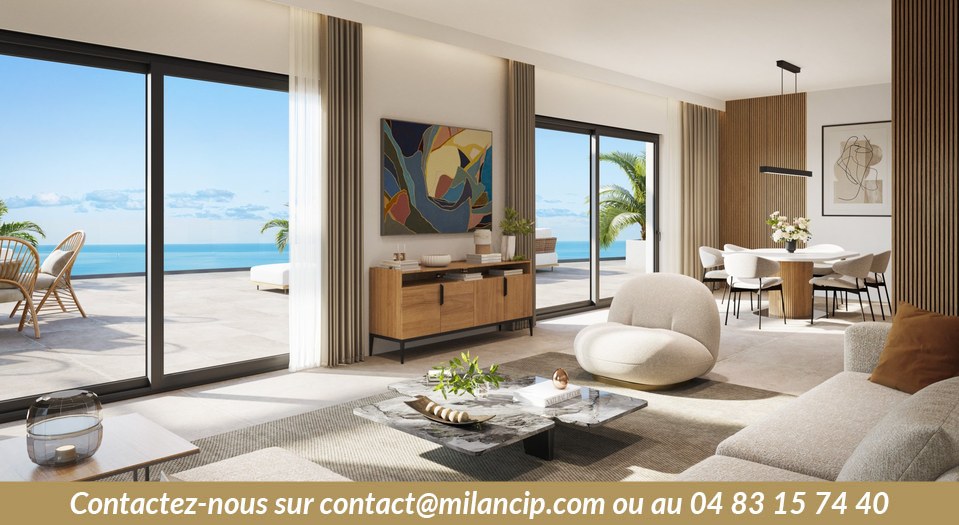 Programme neuf Villeneuve-Loubet — grand séjour avec terrasse et vue mer panoramique