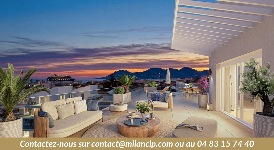 Appartement neuf Cannes — terrasse privative avec vue panoramique sur la baie au coucher du soleilAppartements neufs Cannes Californie — façade contemporaine aux balcons généreux