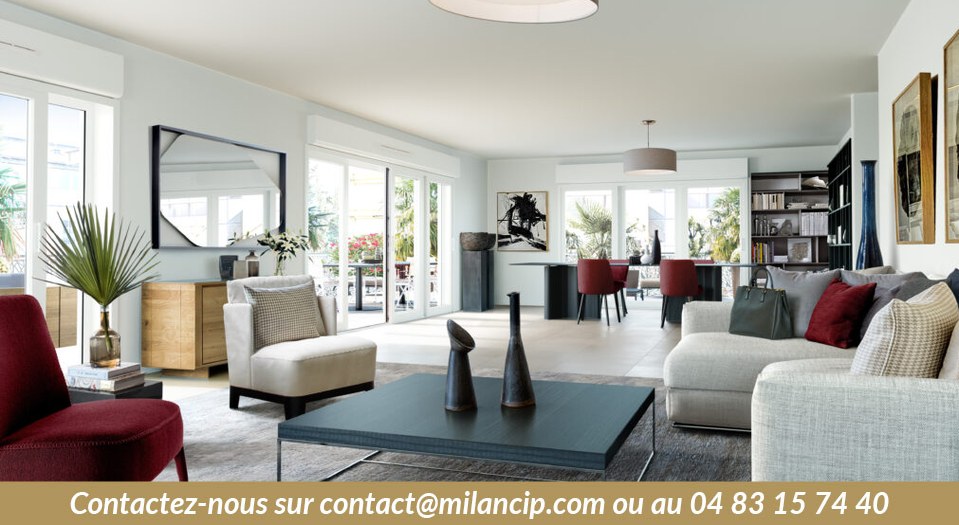 Appartements neufs Cannes — piscine collective bordée d'une plage aménagée