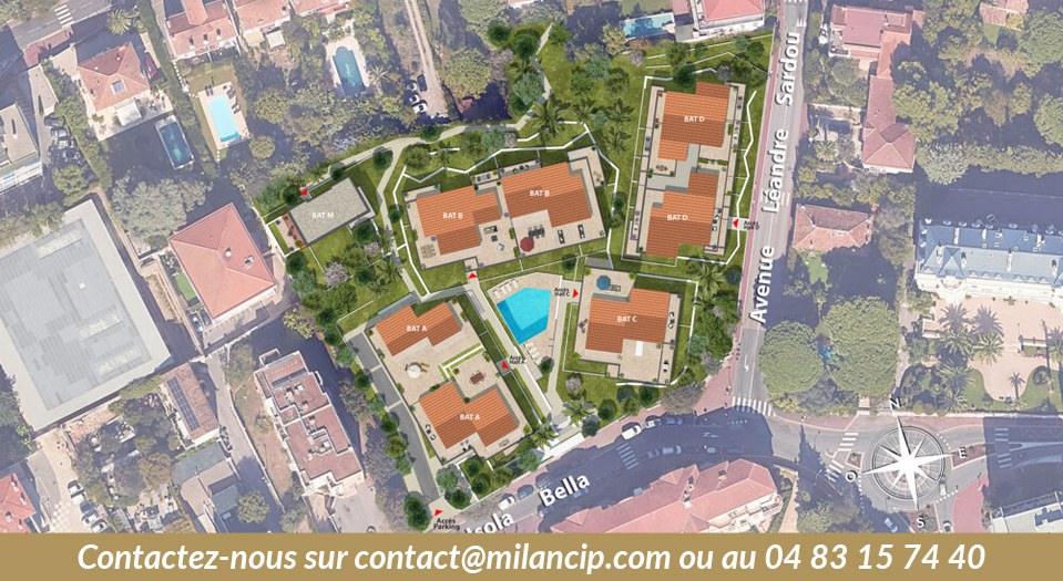 Programme neuf Cannes Californie — vue d'ensemble des façades blanches et du portail d'entrée