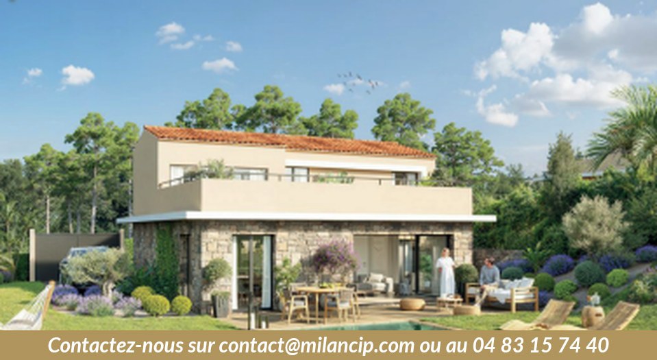 Villa neuve Côte d'Azur — façade contemporaine pierre et enduit, piscine et grand jardin arboré