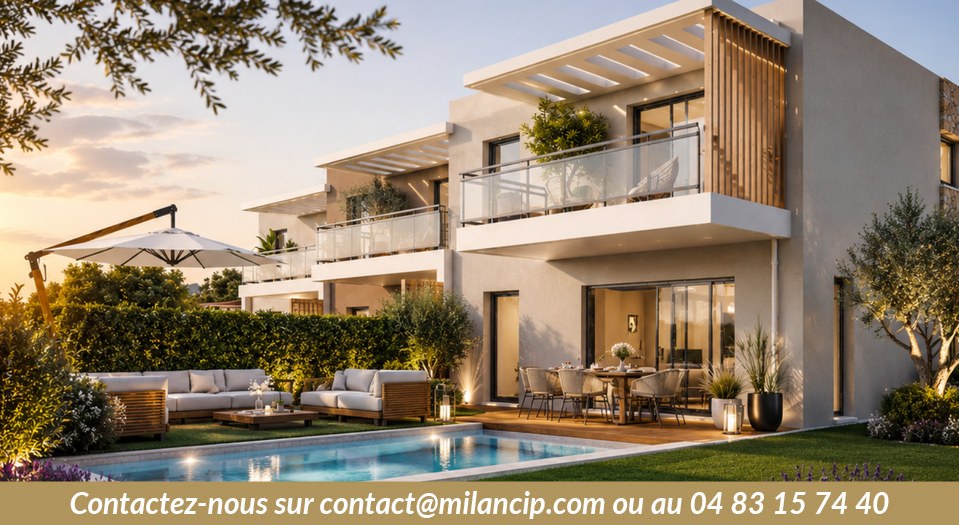 Villa neuve — terrasse et piscine baignées de lumière au coucher du soleil