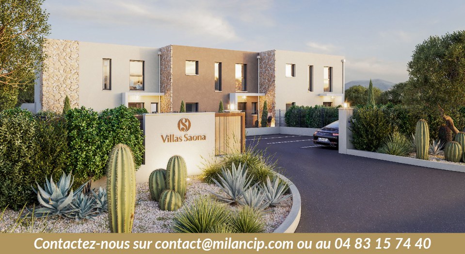 Entrée sécurisée de la résidence de villas neuves Villas Saona, jardin méditerranéen