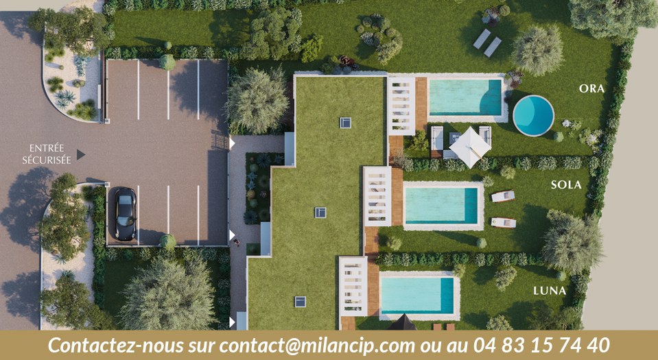 Villas neuves à Cagnes-sur-Mer — plan masse de la résidence avec villas Ora, Sola et Luna et piscines privatives