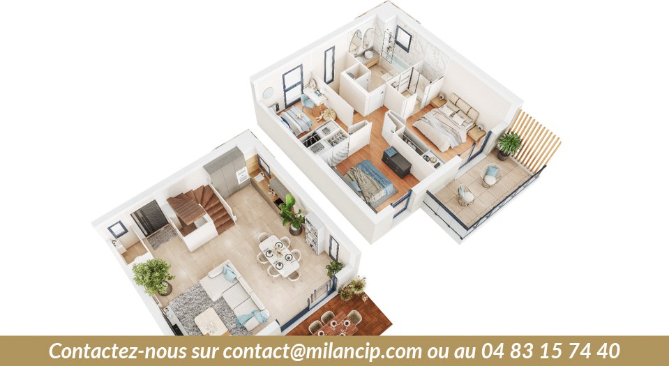 Villas neuves — plan duplex : séjour-cuisine en rez-de-jardin, chambres à l'étage
