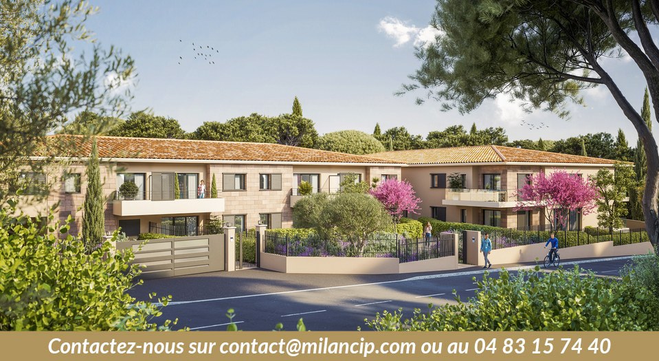 Programme neuf à Biot — façade provençale avec jardin paysager et pins