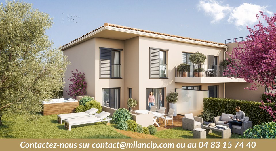 Programme neuf à Biot — piscine collective avec plage solarium en bois