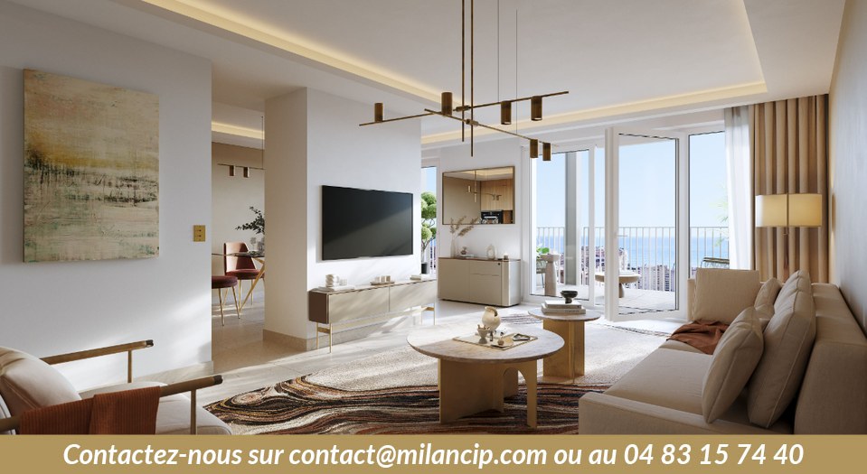 Appartement neuf Cap d'Ail — séjour lumineux ouvert sur terrasse vue mer