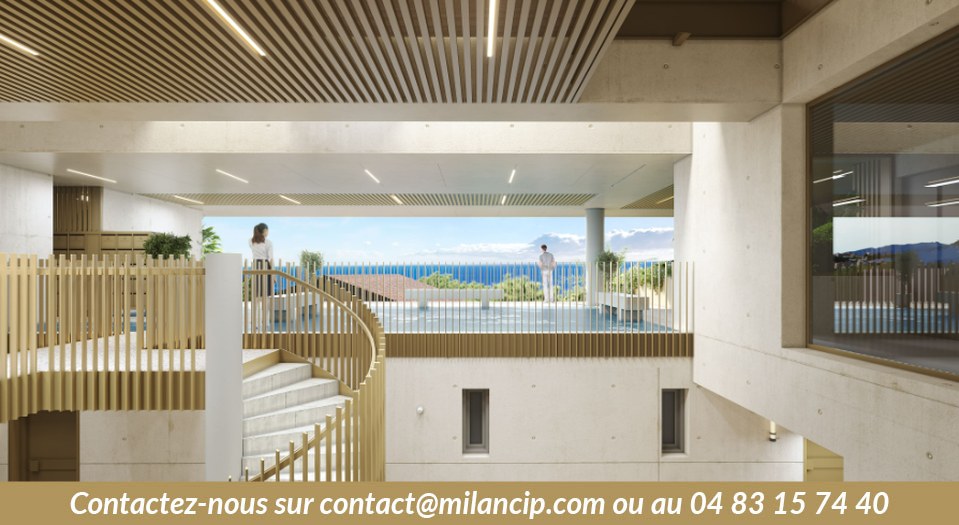 Programme neuf Cap d'Ail — hall intérieur bois et vue mer sur la résidence