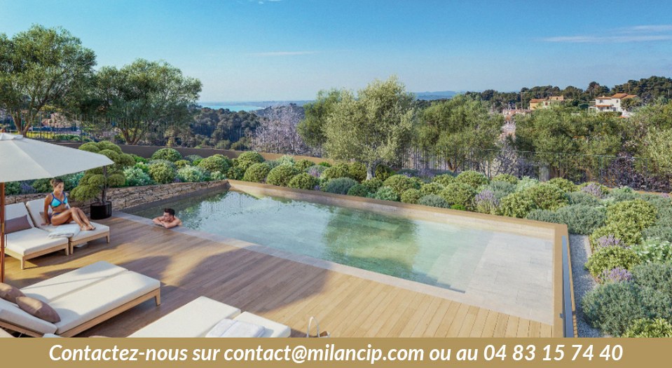 Résidence neuve Montaleigne — piscine à débordement avec vue sur la Baie des Anges