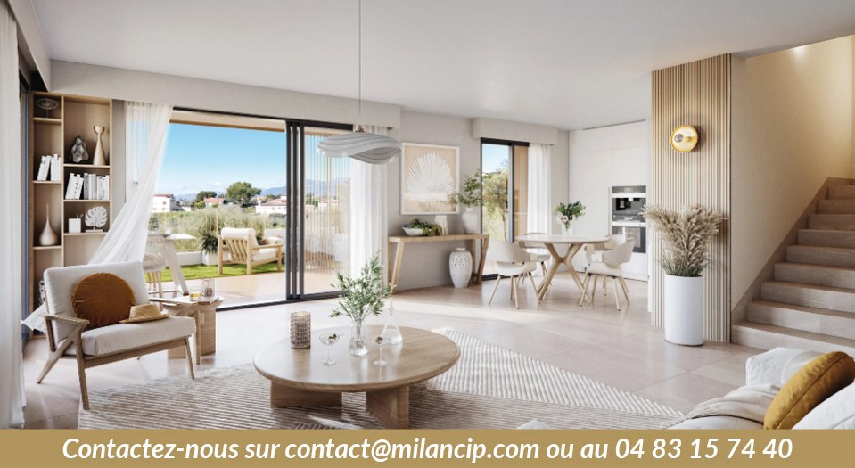 Résidence neuve — séjour lumineux avec cuisine ouverte et vue sur terrasse