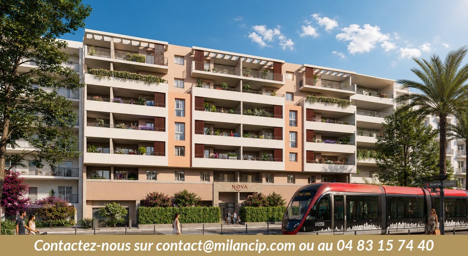 Logements neufs à Nice — façade et entrée résidentielle proche du tramway