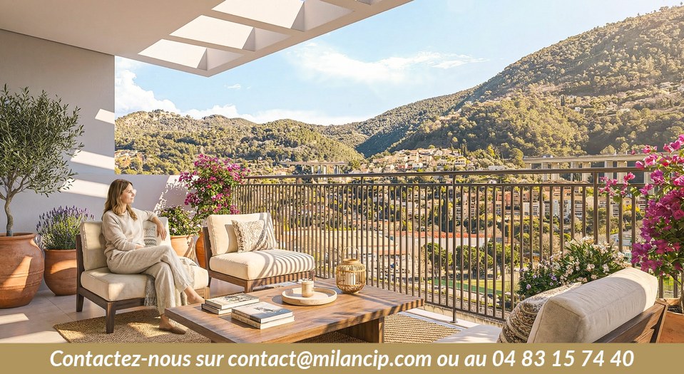 Logements neufs avec terrasse panoramique face aux collines de l'arrière-pays niçois