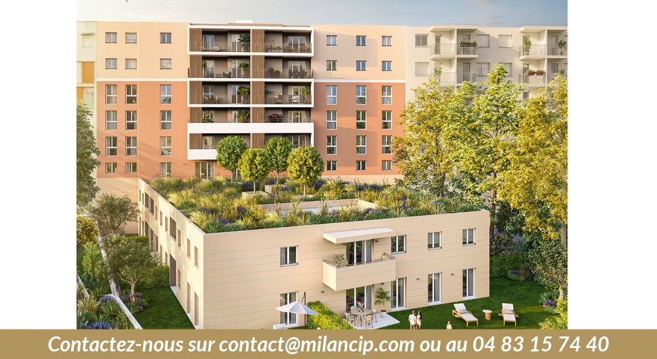 Programme de logements neufs — cœur d'îlot végétalisé et toiture-jardin partagéeLogements neufs à Nice, quartier de l'Ariane — façade contemporaine et balcons