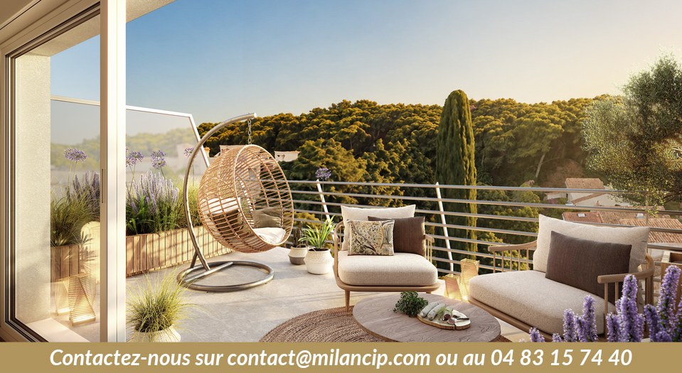 Terrasse d'une résidence neuve au Cannet — salon extérieur avec vue verdoyante