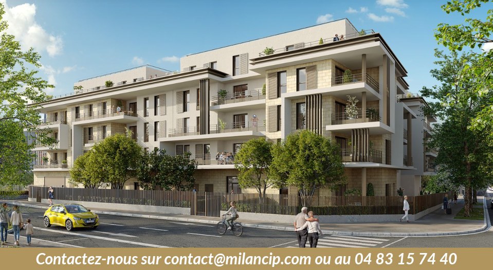 Résidence neuve — jardin paysager arboré entre les bâtiments