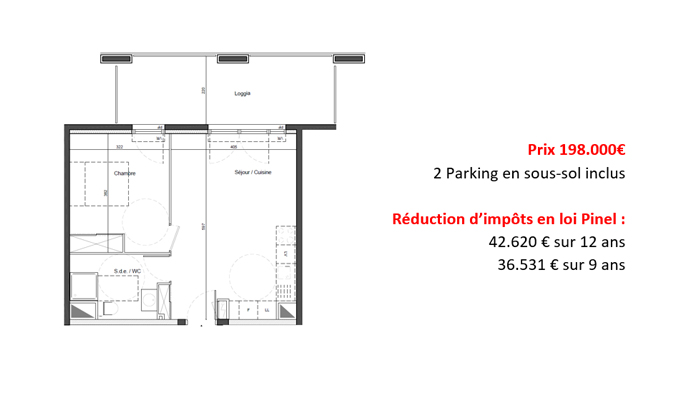 Appartement T2 de 42 m2 avec loggia de 13 m2, orienté Est