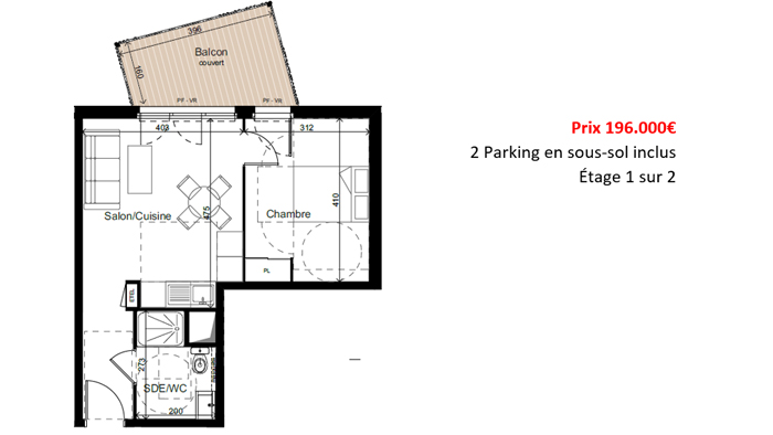 Plan du T2 neuf de Carros - Alpes Maritimes à 196 000 €