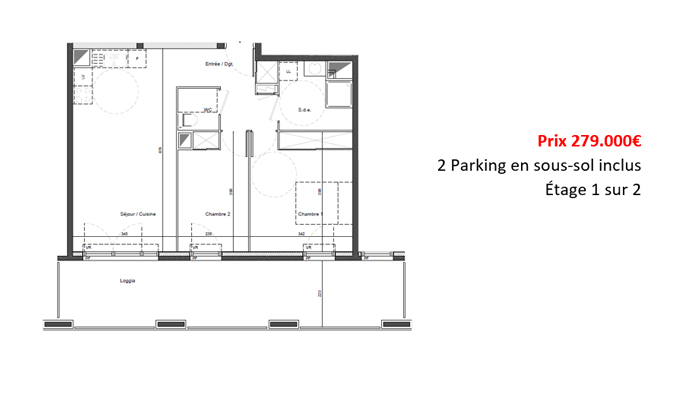 Plan du T3 neuf de Carros de 59 m² et 16 m² de terrasse