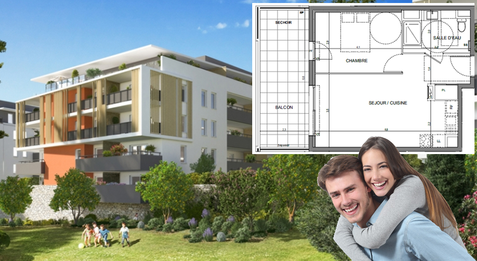 Grand 2 pièces de 45 m2, terrasse de 15 m2, plein SUD,